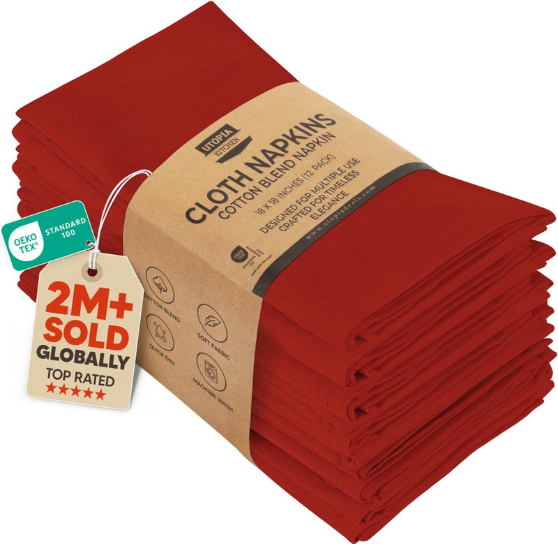 Utopia Kitchen Red Cloth Napkins [12 Pack, 18x18 Inch] Absorbent Cotton Blend Washable and Reusable for Dinner, Restaurant, Lunch, Wedding and Hotel - Image 1